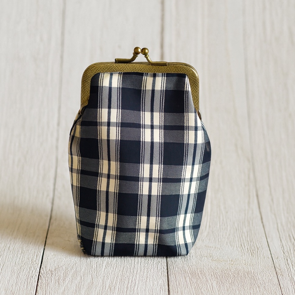 Vintage Black & White Plaid Coin Purse with Metal Frame